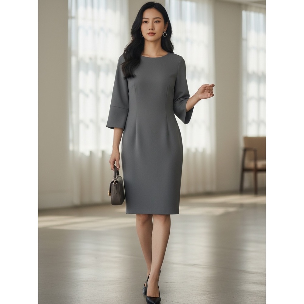 Calvin Klein Women's Sheath Gray 3/4 Sleeve Split Cuff Professional Dress Size 6